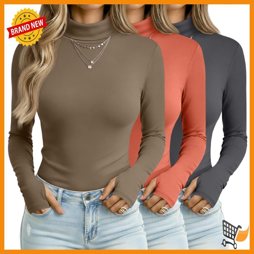 Women's Long Sleeve Turtleneck Base Layer Tops 3 Pack Slim Fit Thermal